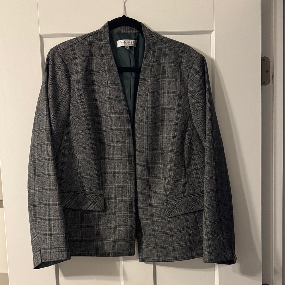 Kasper Charcoal Plaid Open-Front Jacket